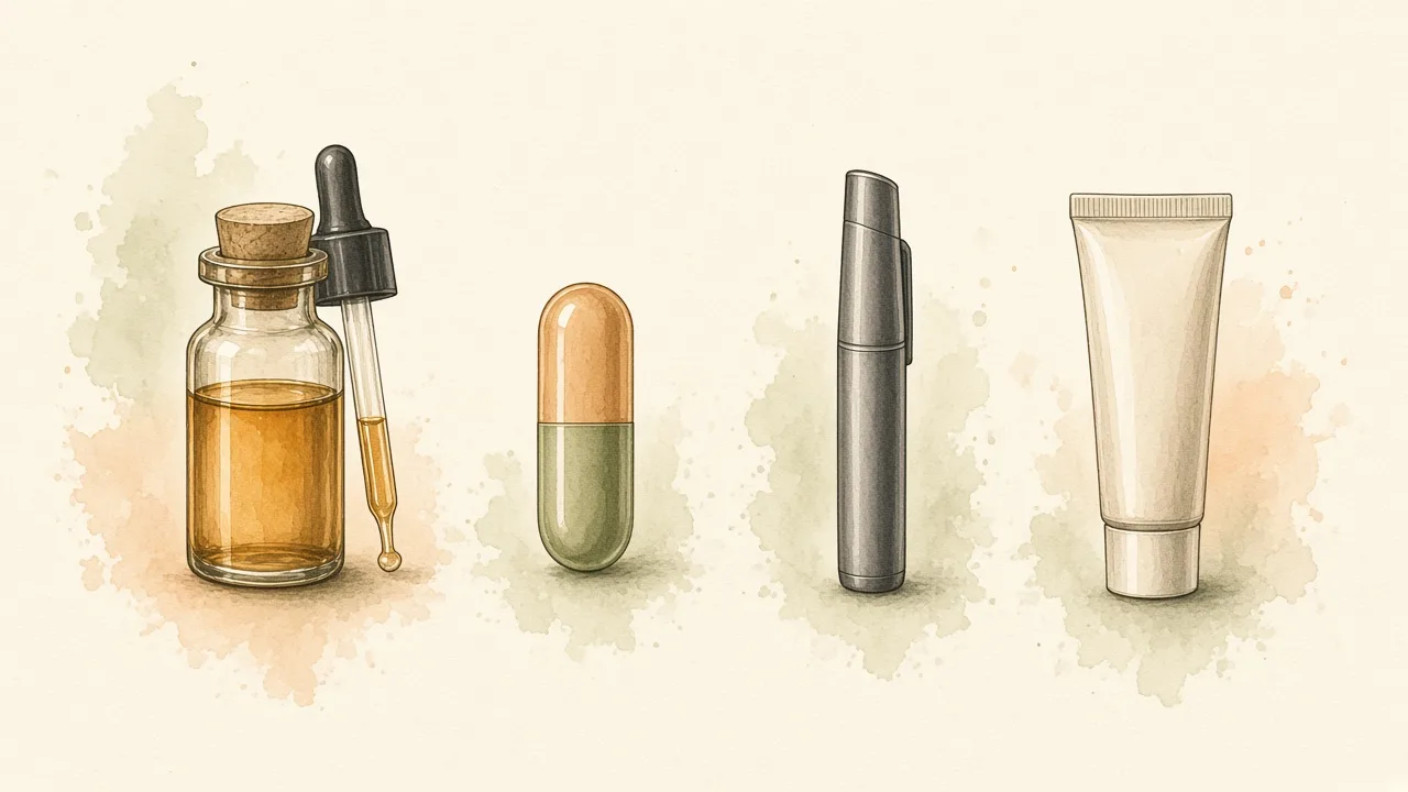 Ilustração editorial de quatro objetos estilizados: conta-gotas, cápsula, vaporizador discreto e tubo tópico, sem marcas nem texto.