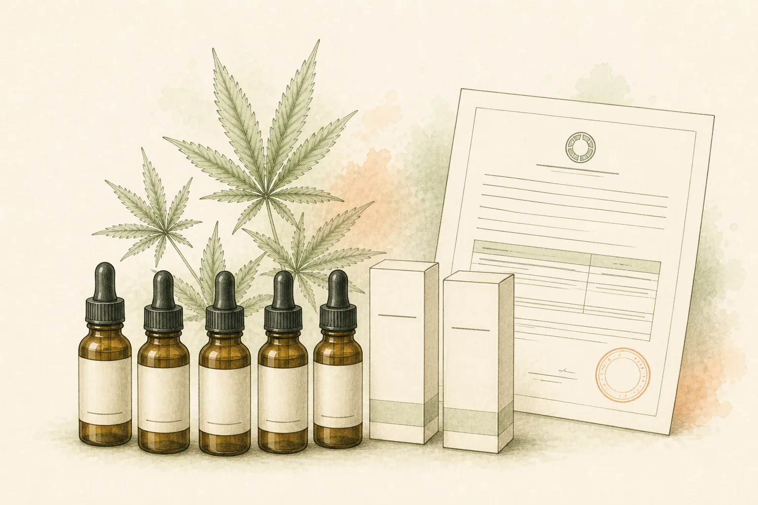 O que é a Autorização Sanitária de produto Still-life em aquarela de frascos âmbar alinhados, caixas neutras e documento com selo circular, sugerindo produto autorizado para o mercado.