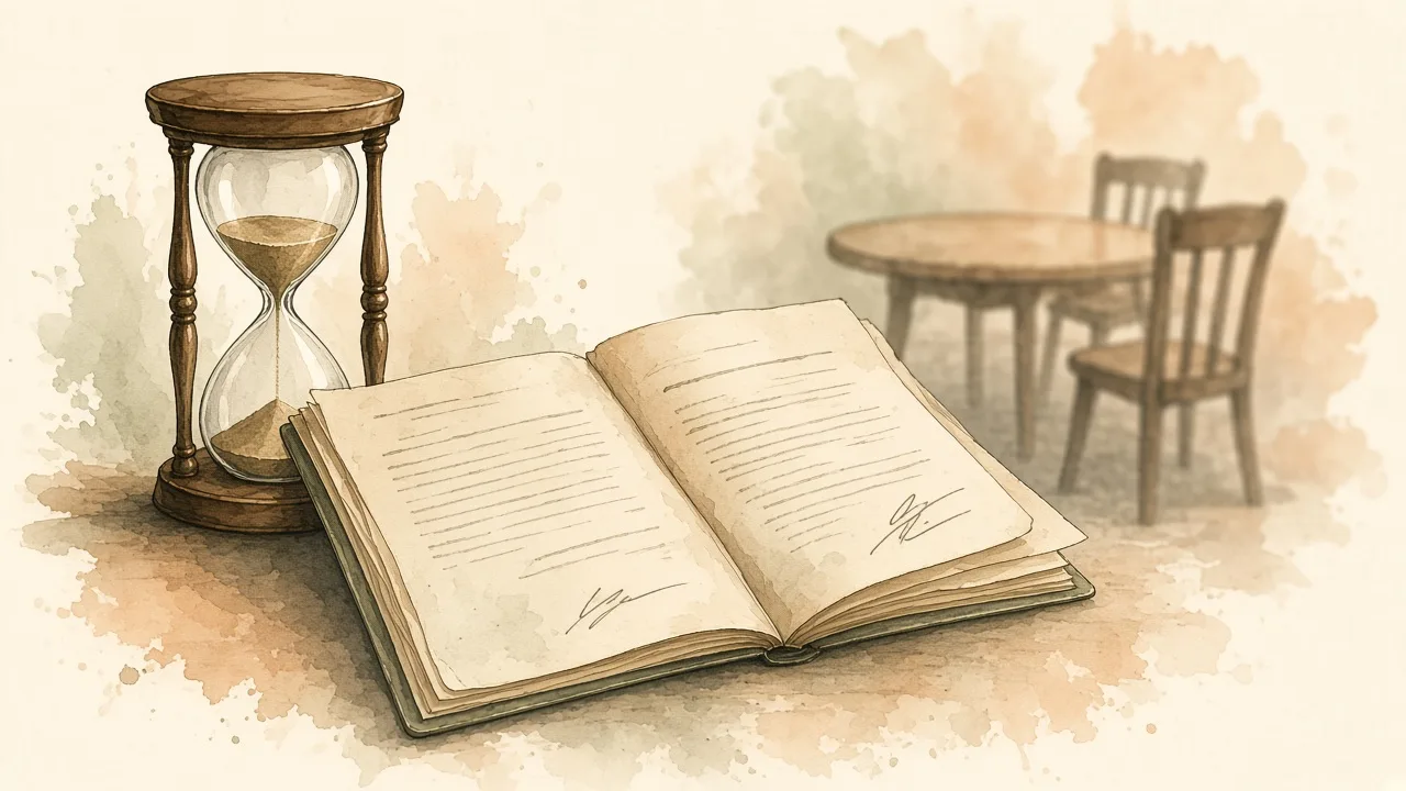 Pedido de vista Ilustração editorial de ampulheta ao lado de pasta de processo e cadeira vazia em mesa de reunião.