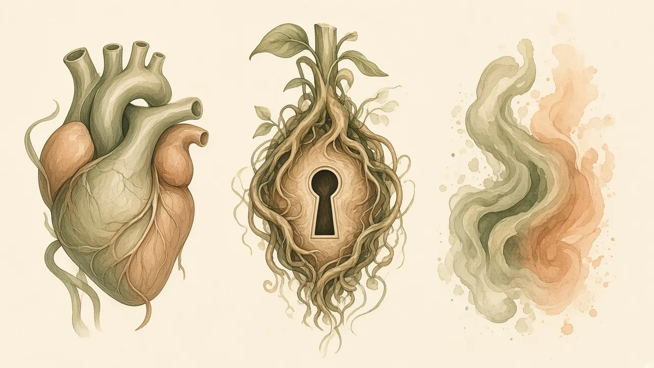 Receptor, ligante e enzima Ilustração conceitual de fechadura estilizada com chave orgânica e forma que se desfaz, sem texto.