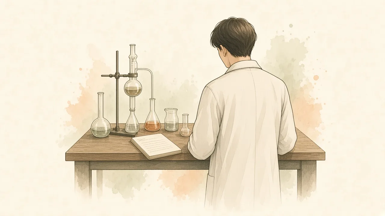 Descoberta em etapas Ilustração editorial de pesquisador em bancada de laboratório com vidrarias, sem logos nem texto legível.