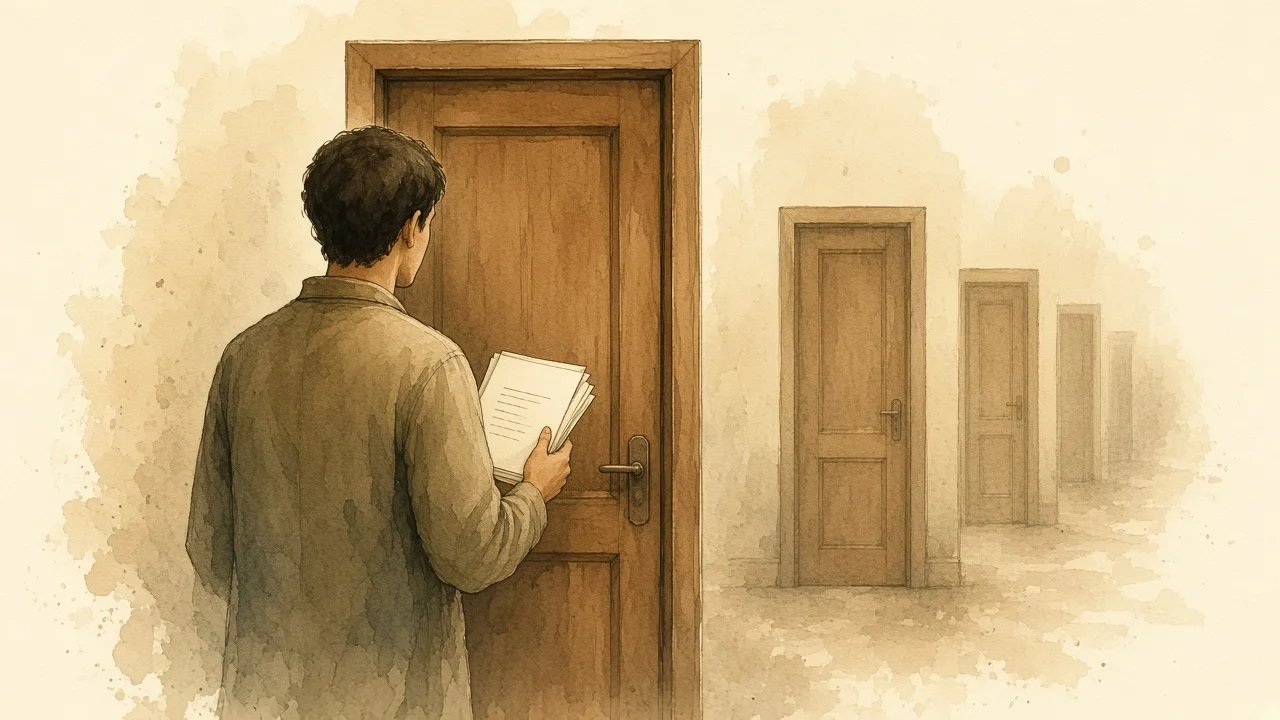 Ilustração editorial de uma pessoa diante de uma porta com envelope, outras portas fechadas ao fundo, sem logos.