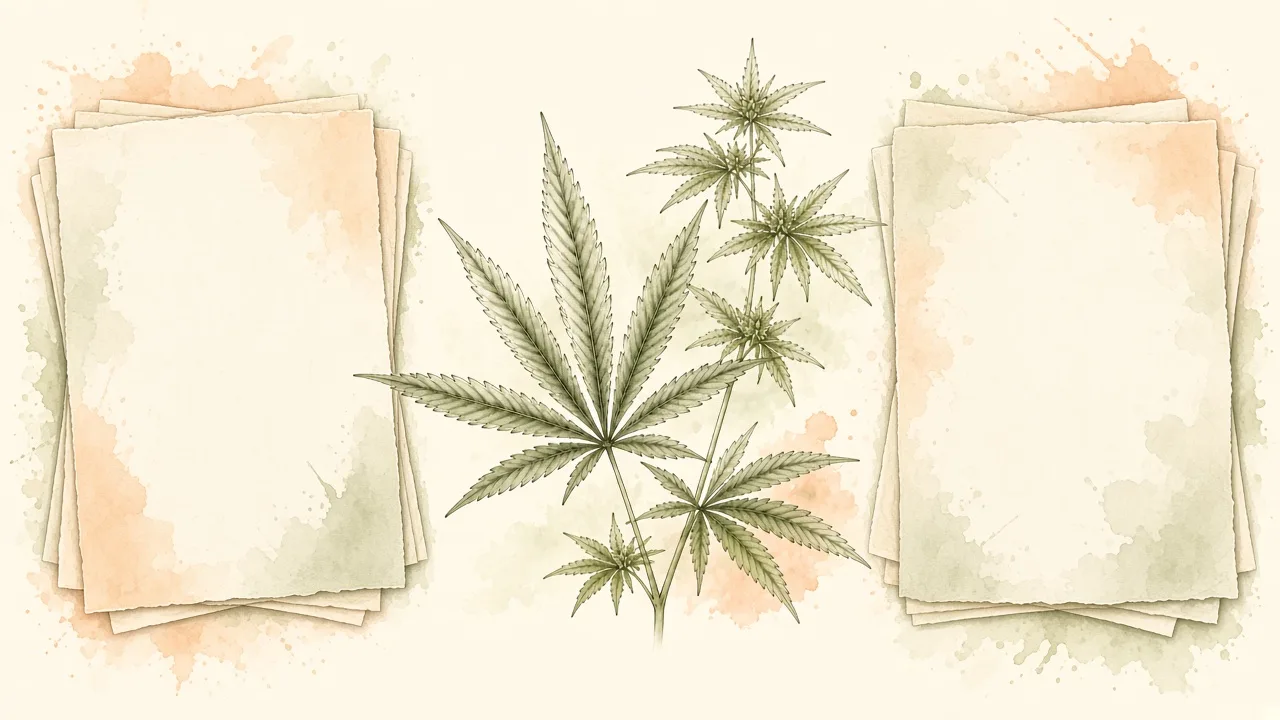 Ilustração editorial de duas pilhas de documentos com um vão central e um ramo discreto, sem texto.